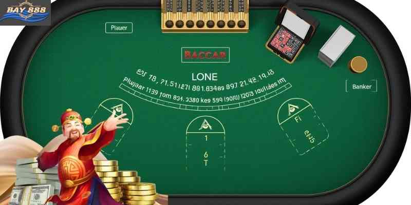 Standard baccarat table layout showing Player, Banker, and Tie betting zones.